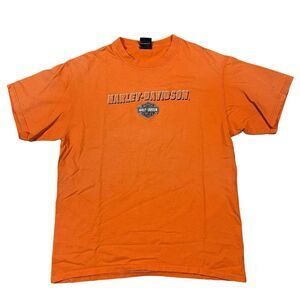 Harley Davidson Mens Orange Embroidered Tee T Shirt Logo Spellout Biker